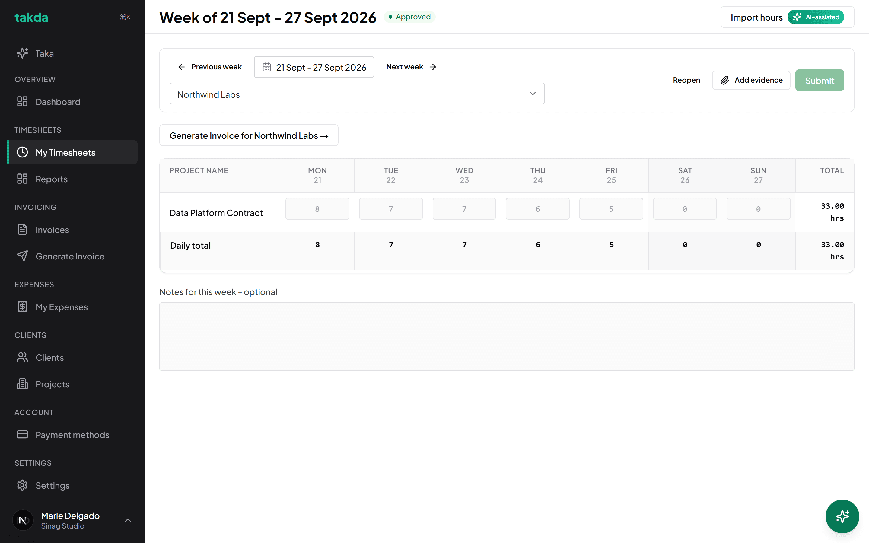 The weekly timesheet grid showing 33 hours logged across five days against one project, with the week marked Approved
