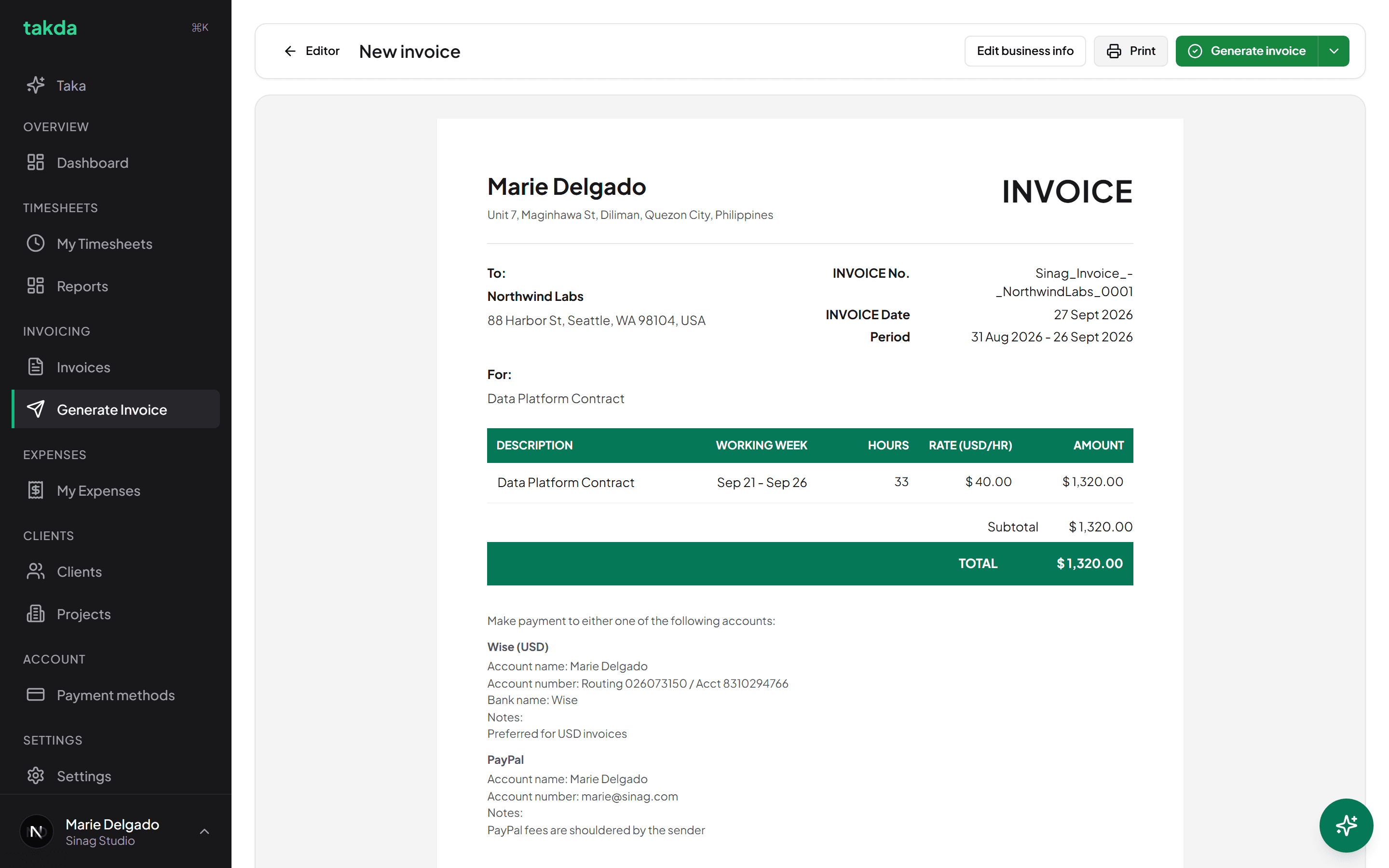 The invoice preview document showing the billed line item, the total in US dollars, and the payment accounts