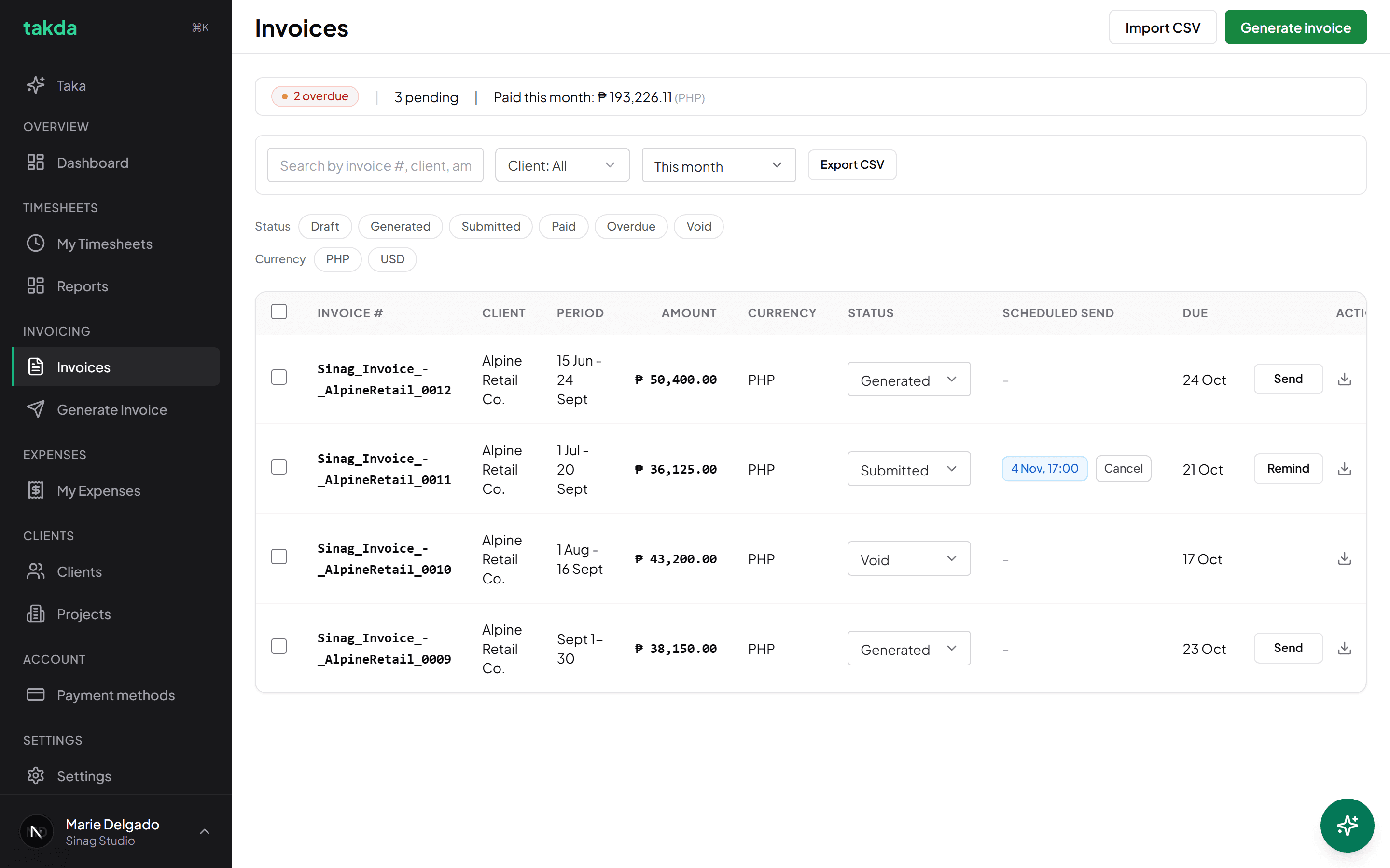 The invoices list with overdue and pending counts, a scheduled send with a cancel option, and per invoice send and remind actions