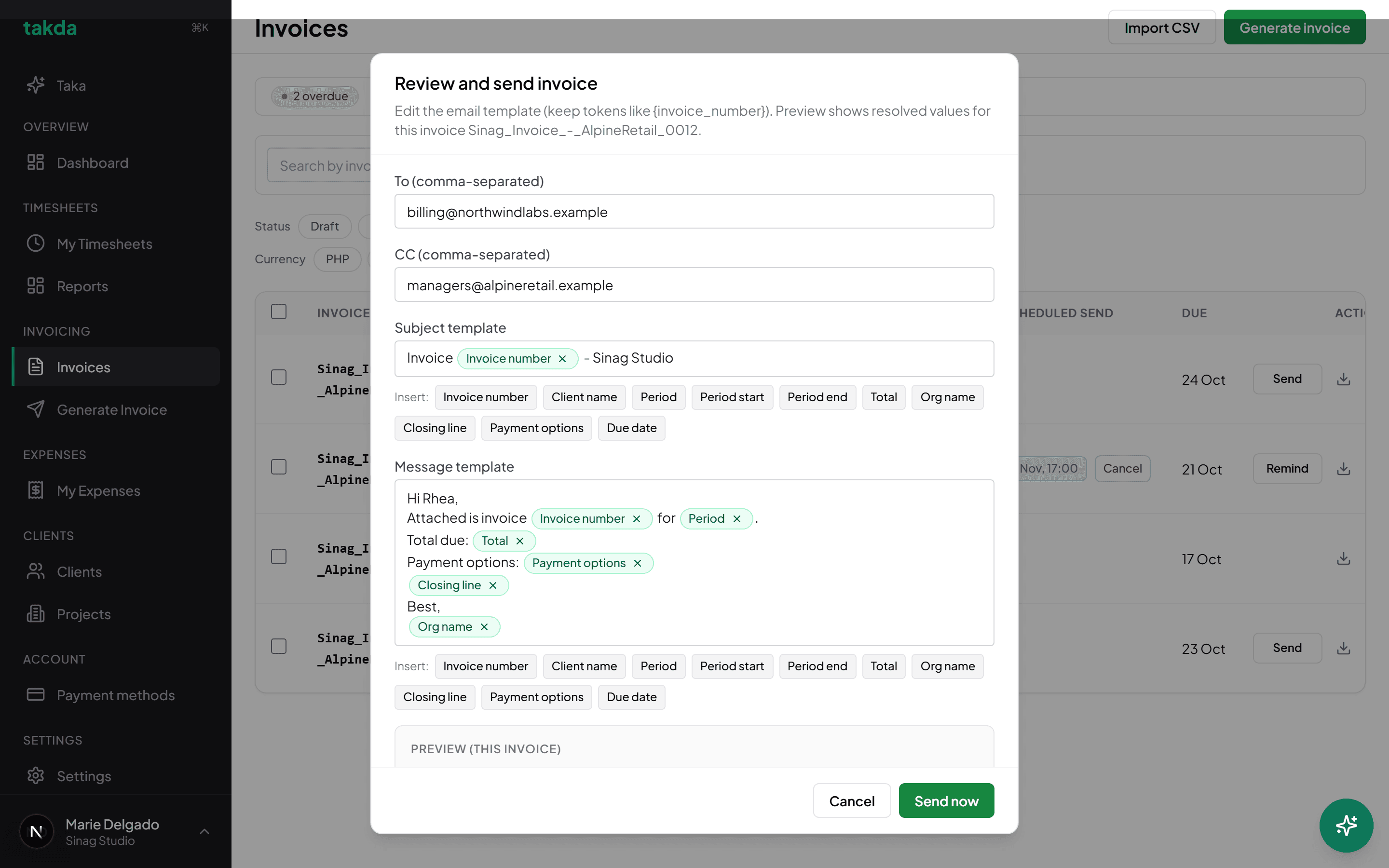 The review and send dialog with recipient fields, an editable subject and message template, and insertable tokens