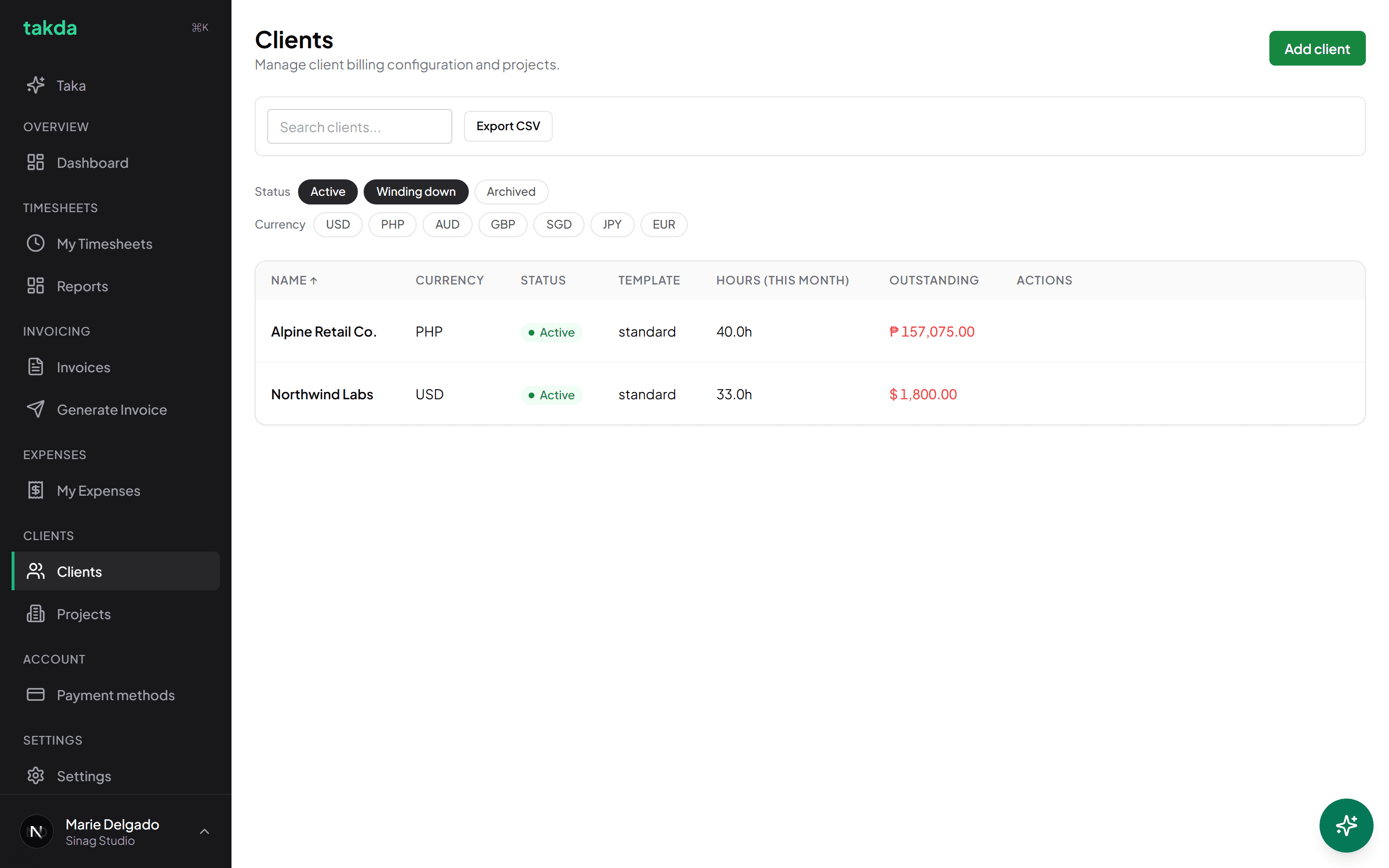 The clients list showing currency, status, invoice template, hours this month, and outstanding balance per client
