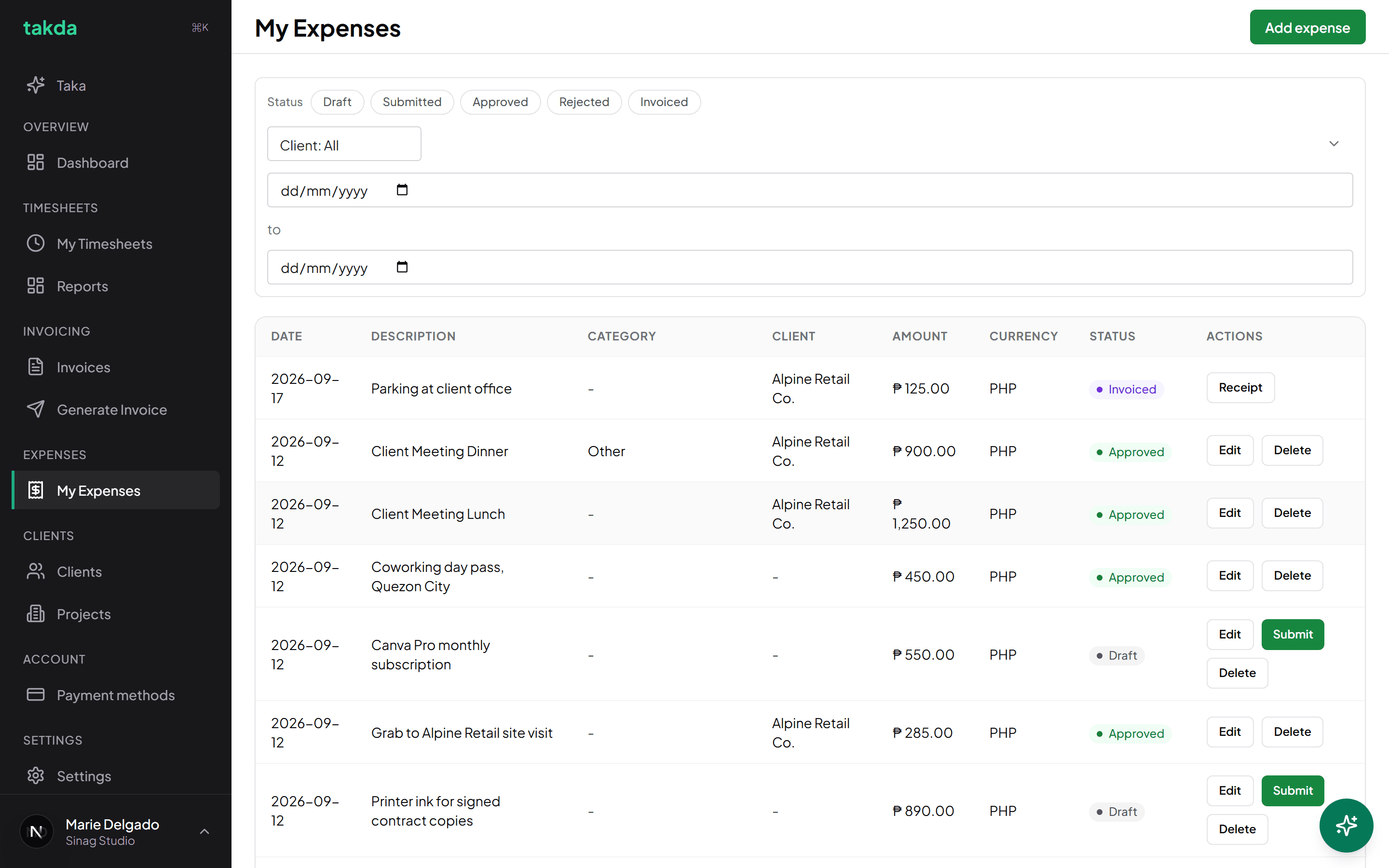The expenses list showing billable and non-billable costs across draft, approved, and invoiced statuses