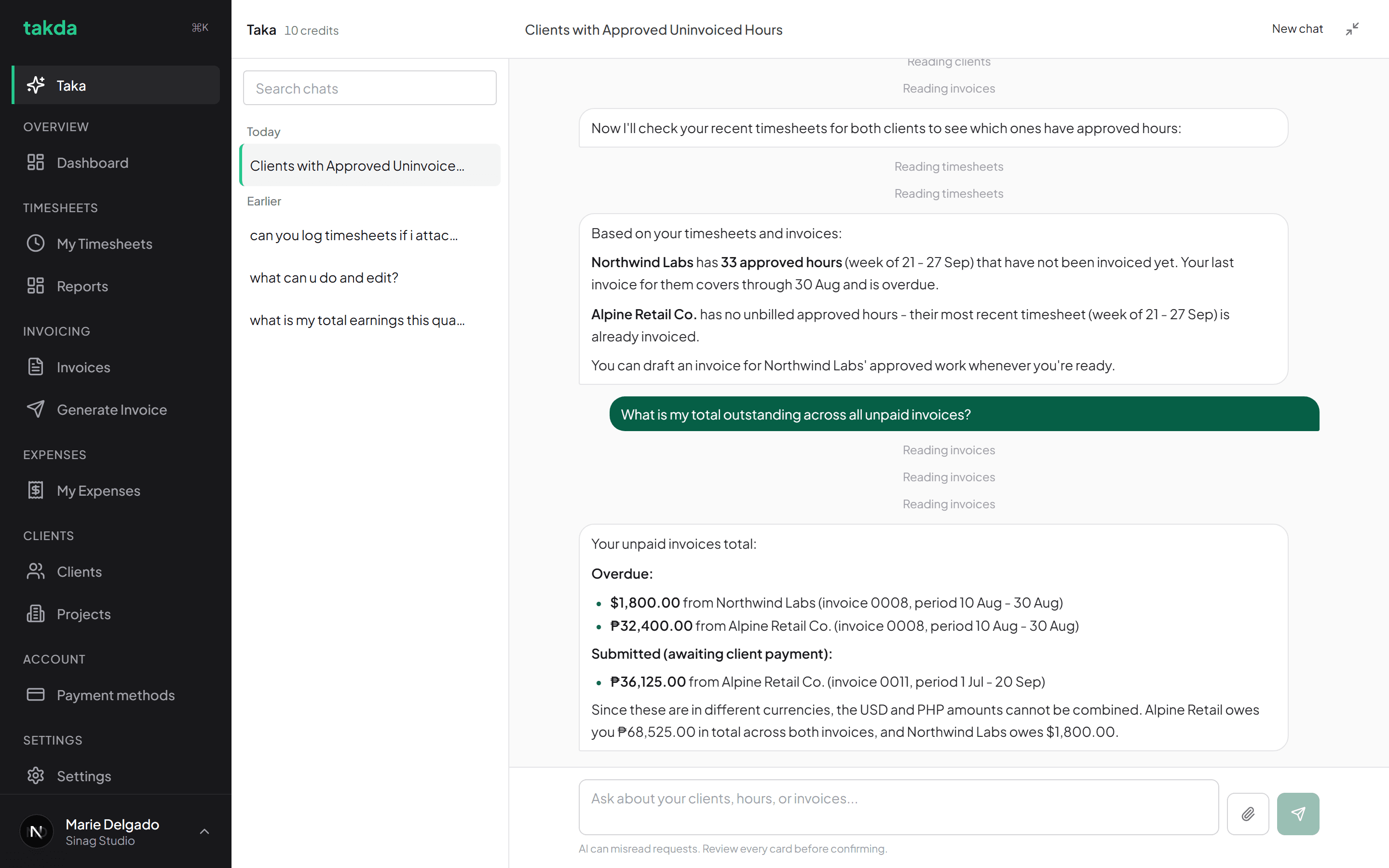 A Taka conversation answering which clients have uninvoiced approved hours and totalling unpaid invoices, showing the records it read