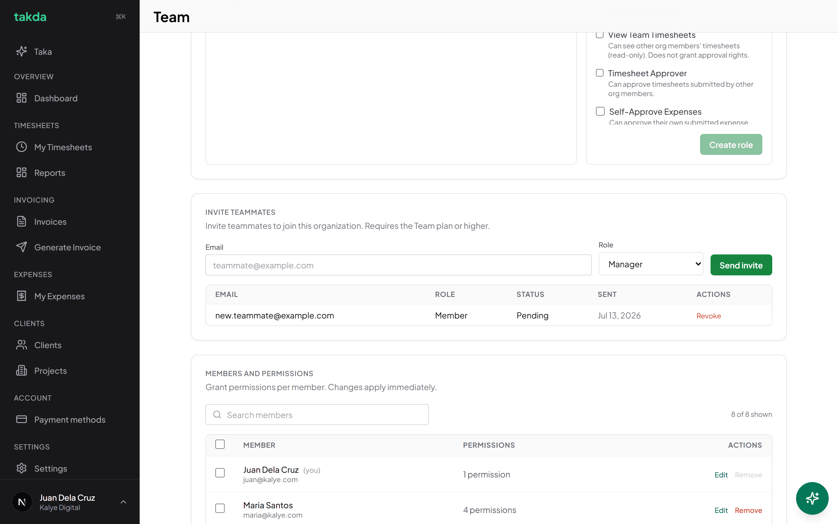 The team members list showing each person with the number of permissions granted to them and an edit action